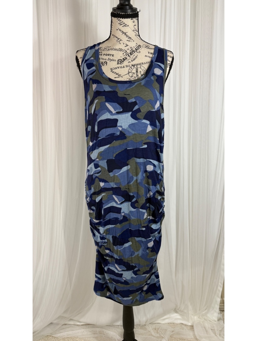 Venus Blue Camo Ruched Tank Maxi Dress Size L 648